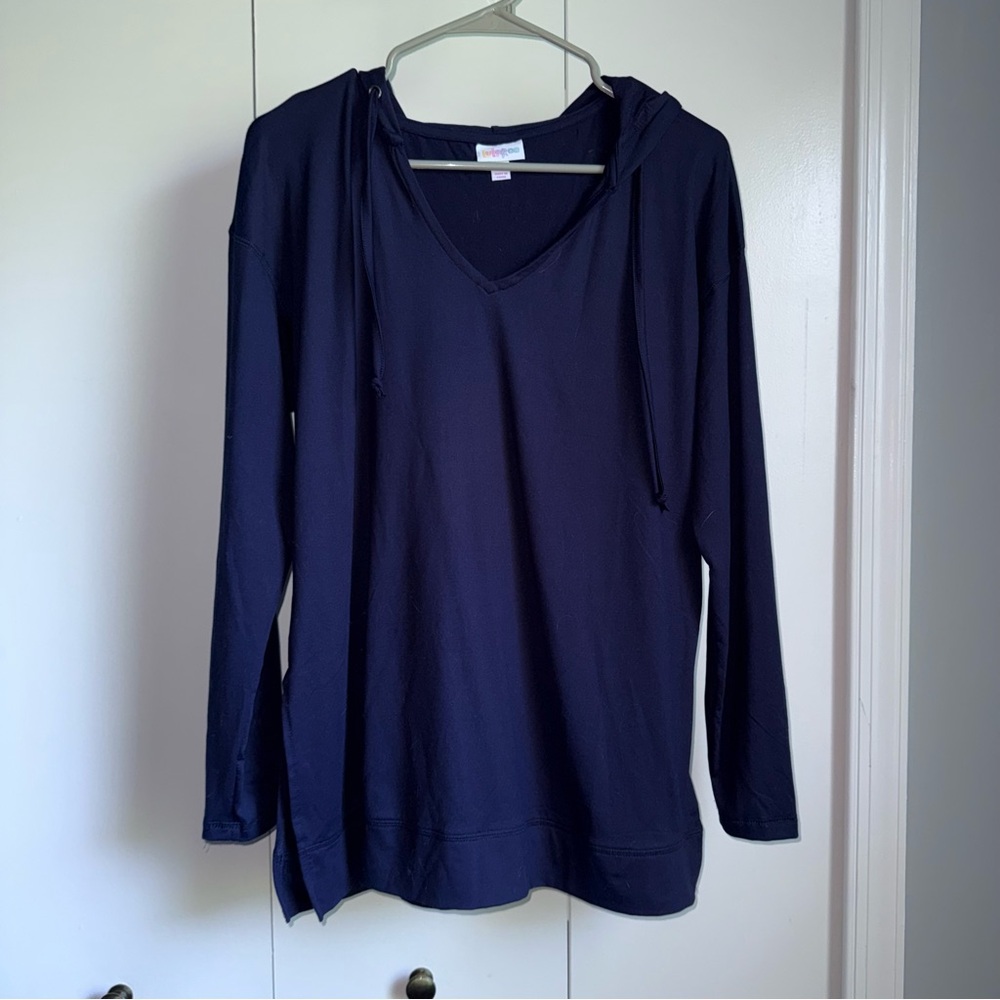 LuLaRoe Eliza Navy V-Neck Hooded Long Sleeve Top